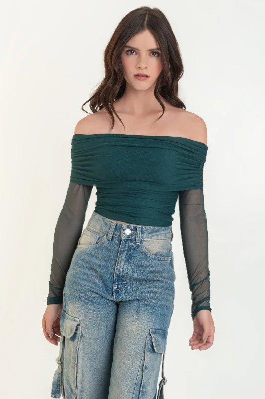 Crop top de mesh hombros descubiertos Front Pockets Side Pockets Patch Pockets