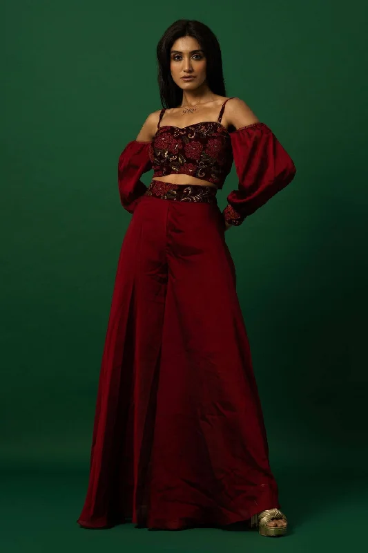 Maroon Crop Top and Palazzo Pant Set Zippered Buttoned Snapped