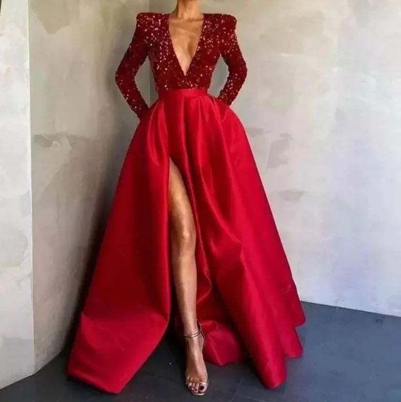 Red Evening Dresses A-line V-neck Long Sleeves Sequins Slit Long Turkey Dubai Saudi Arabic Evening Gown Prom Dresses Tunics Cozy soft Red Evening Dresses A-line V-neck Long Sleeves Sequins Slit Long Turkey Dubai Saudi Arabic Evening Gown Prom Dresses Tunics Cozy soft