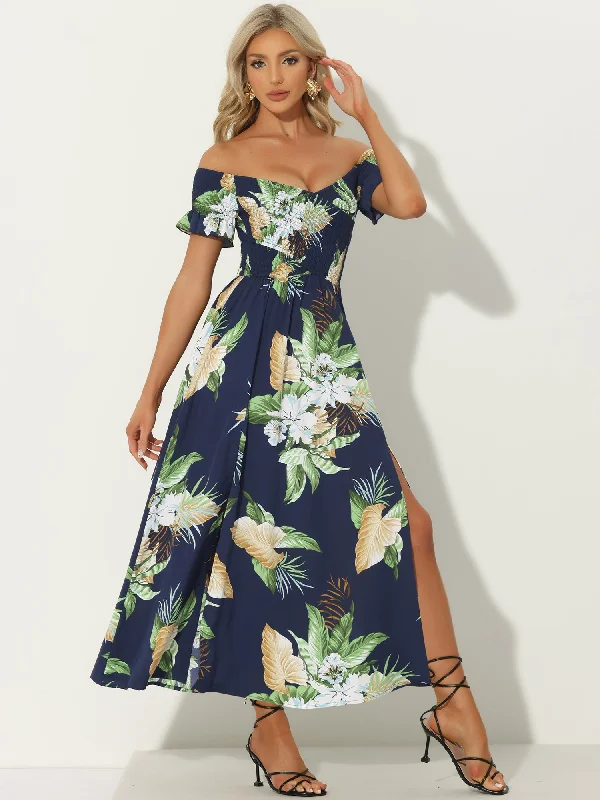 Floral Off Shoulder Midi Beach Summer Vacation Dress Pencil Office Professional