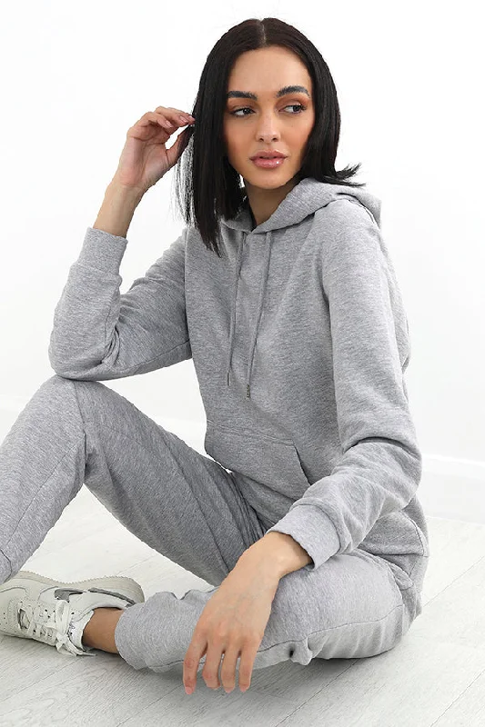 LIGHT GREY MELANGE DRAWSTRING POUCH POCKET HOODIE Hoodie with Double Zipper Versatile Adjustable