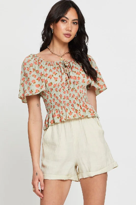 Print Crop Top Short Sleeve Sweetheart Handmade Hand-knitted Hand-woven