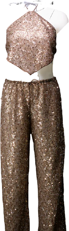 Oséree Metallic Sequin Flared Trousers And Crop Top UK S Thin Crop Top Open Front Quick Dry
