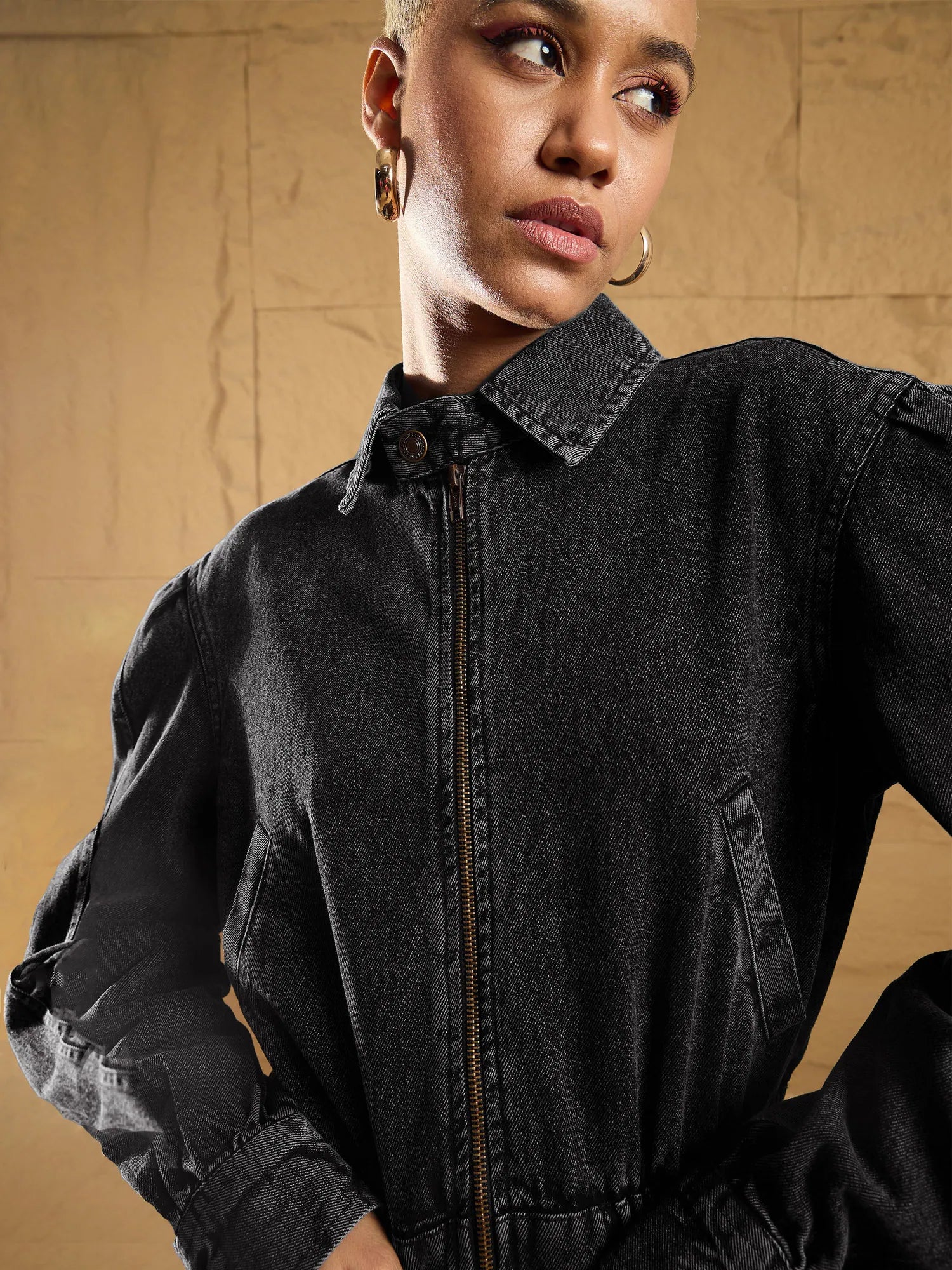 Women Black Washed Zipper Biker Crop Jacket-SFJCKT6932 Nylon Jacket Polyester Jacket Spandex Jacket