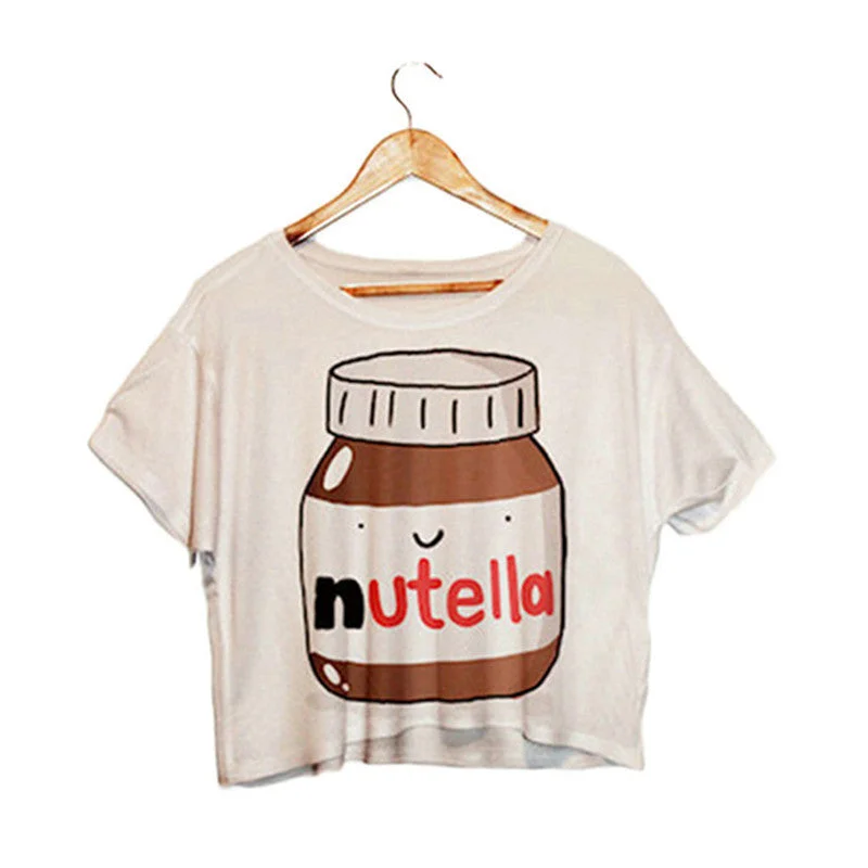 Nutella Print White Crop Tops Summer Short Sleeve T shirts Harajuku Fitness Women Fashion Kawaii T-shirt F1003 Lace Blend Ribbed Blend Corduroy Blend