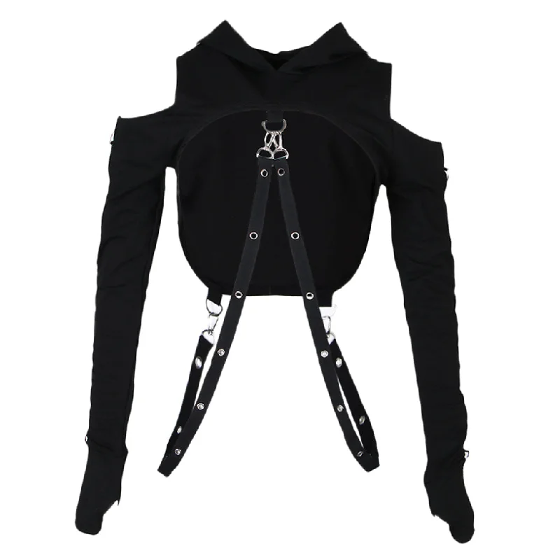 Max Gothic Womens Sexy Hoodies Bandage Metal Crop Tops Pullover Sweatshirts  S Front Pockets Side Pockets Patch Pockets