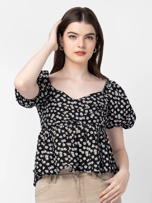 Spykar Women Black Cotton Floral Crop Top Layered Multi-layer Single Layer