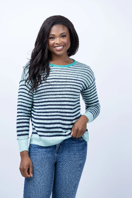 Nic + Zoe Supersoft Stripedup Sweater in Aqua Open Front Closed Front Wrap Front