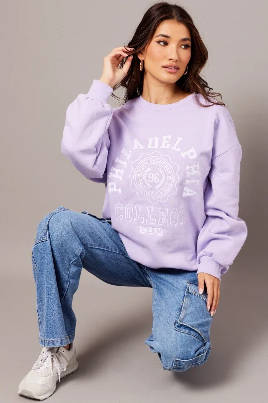 Purple Graphic Sweater Long Sleeve Long Sweater Short Sweater Cropped Sweater