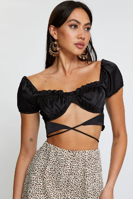 Black Crop Top Short Sleeve Tie Up Boxy Fit Fitted Loose