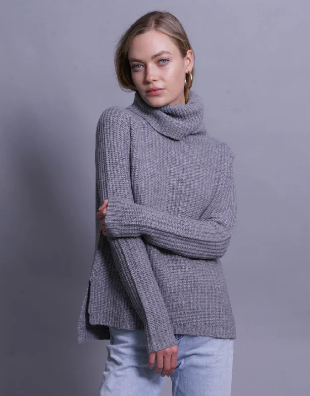 Rib Knit Turtleneck Sweater in Grey Marl Faux Fur Fabric Real Fur Fabric Shearling Fabric