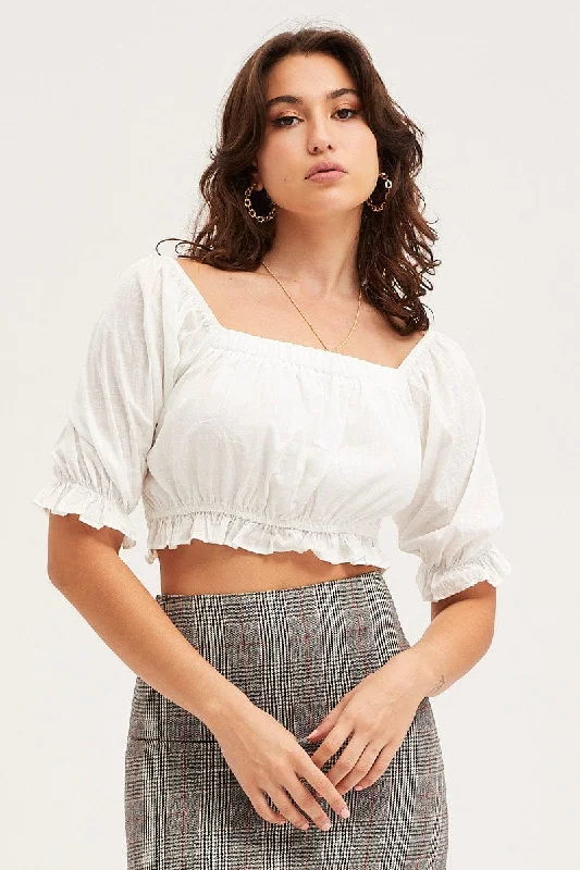 White Crop Top Three-Quarter Elasticated Padded Insulated