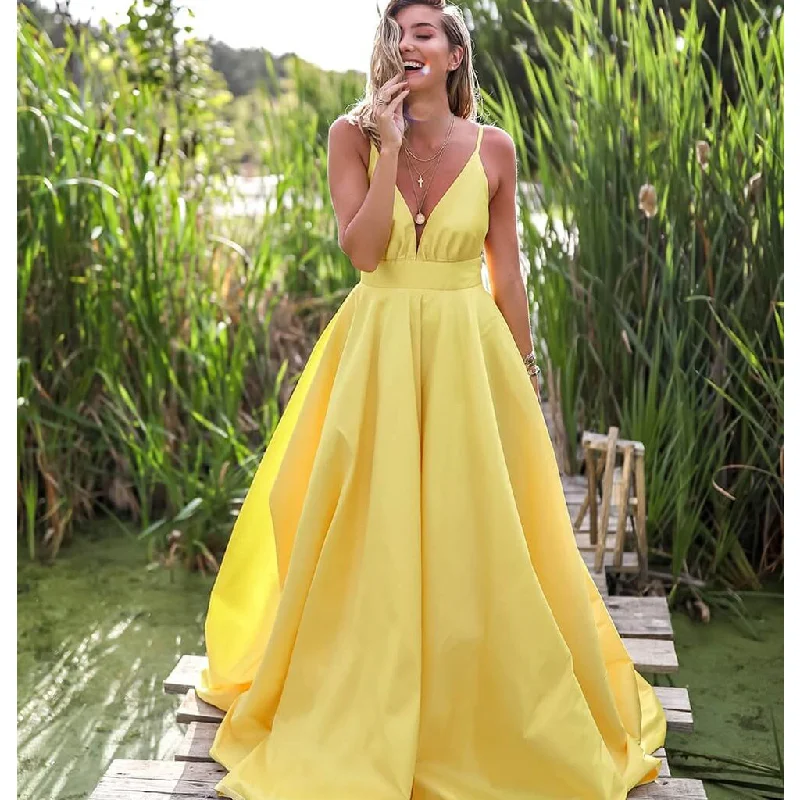 Yellow Spaghetti Straps A-line Deep V-neck Backless Satin Long Prom Dresses, FC2299 Tunics Fleece cozy Yellow Spaghetti Straps A-line Deep V-neck Backless Satin Long Prom Dresses, FC2299 Tunics Fleece cozy