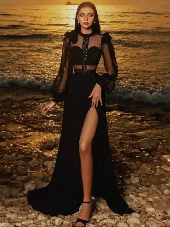 Black Evening Dresses A-line Long Sleeves Chiffon Beaded Slit Long Turkey Dubai Saudi Arabic Evening Gown Prom Dresses Tunics Favorite customer