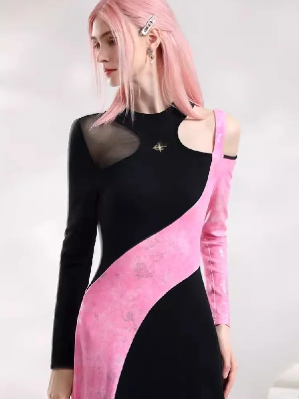 Black Pink Color Clash Long Dresses【s0000006845】 Tunics Modern contemporary