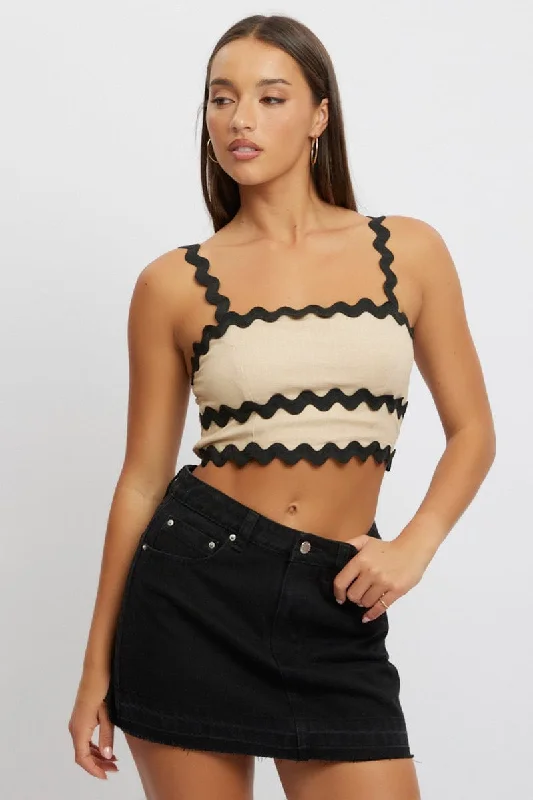 Beige Crop Top Sleeveless Shirred Back Sequined Glittery Shiny