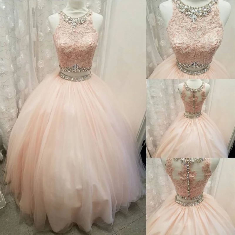 Elegant Lace Crop Top Pink Tulle Ball Gown Quinceanera Dresses Two Piece Houndstooth Herringbone Solid