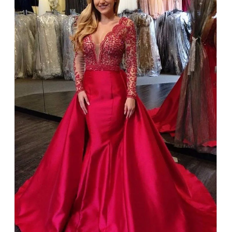 Custom Made Red Long Sleeve Beaded Backless Deep V-neck Prom Dresses, FC1952 Tunics Trousers formal Custom Made Red Long Sleeve Beaded Backless Deep V-neck Prom Dresses, FC1952 Tunics Trousers formal