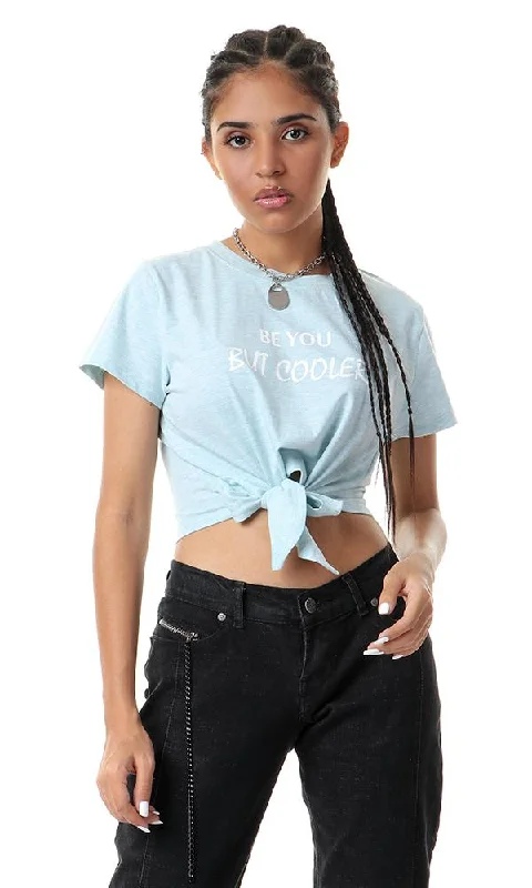 57640 " Be You But Cooler" Printed Front Tie Mint Crop Top Rayon Fabric Velvet Fabric Corduroy Fabric