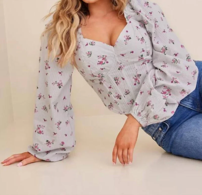 Polina Long Sleeve Crop Top In Blue/pink Floral Denim Fabric Leather Fabric Suede Fabric