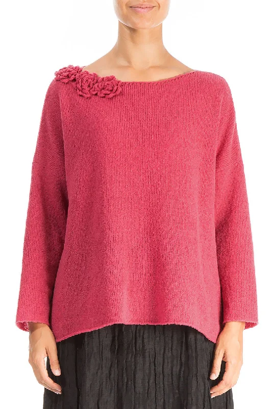 Rosette Pink Punch Wool Sweater Solid Color Striped Floral Print