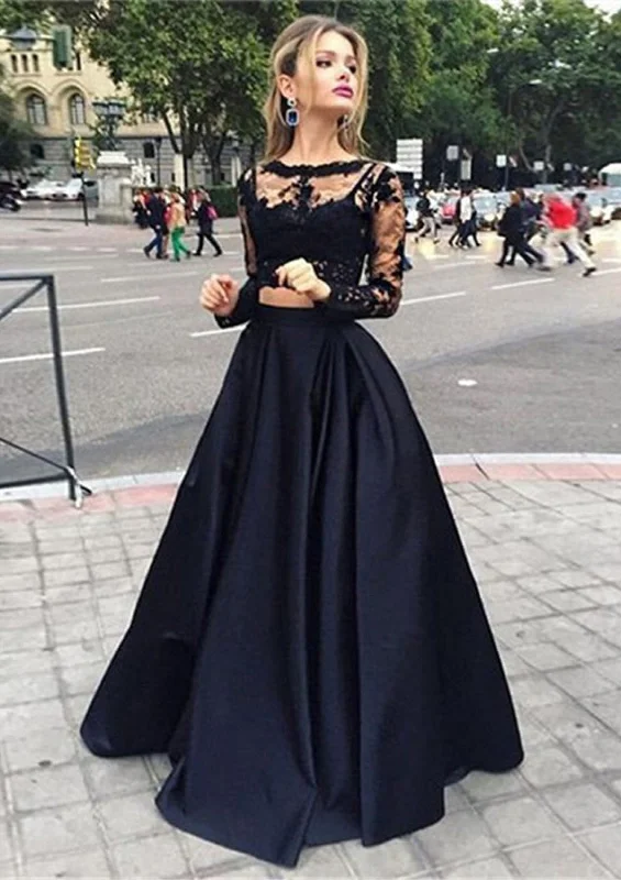 Bateau Crop Tops Long Satin A-Line Skirt 2 Piece Set Black Prom Dress Beaded Sequined Faux Fur