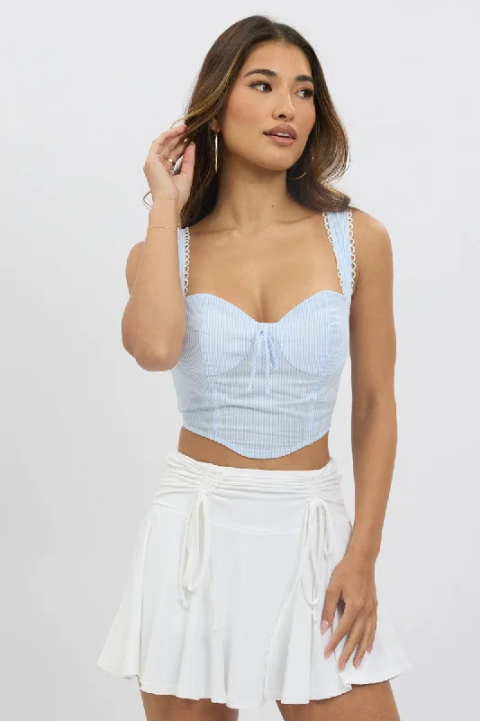 Blue Stripe Crop Top Sleeveless Corset Embroidered Appliqued Beaded
