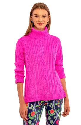 Cable Car Sweater | Shocking Pink Houndstooth Herringbone Solid