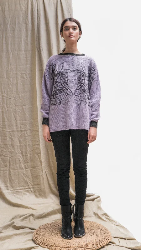 Alpaca Orchid Sweater - Lavender and Dark Gray Handmade Hand-knitted Hand-woven