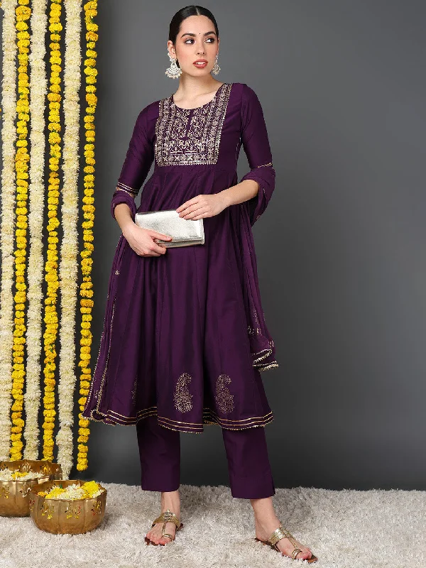 Purple Silk Blend Woven Design Embroidered Flared Kurta Trouser With Dupatta Trousers Trousers Formal