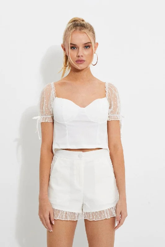 White Dobby Mesh Ruffle Puff Sleeve Bustier Crop Top Fashionable Trendy Casual