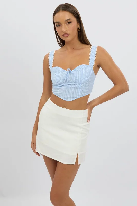Blue Check Crop Top Sleeveless Corset Faux Fur Fabric Real Fur Fabric Shearling Fabric