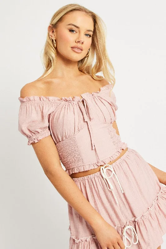 Pink Crop Top Short Sleeve Shirred Waist Striped Floral Plaid