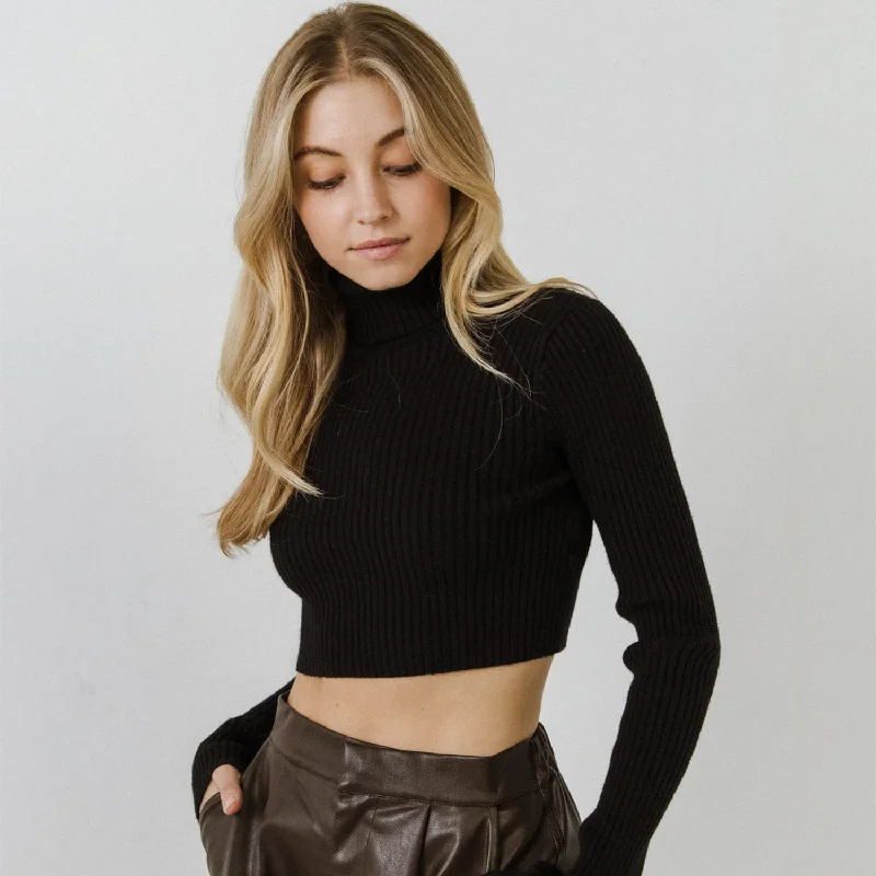 Cropped Long Sleeve Sweater in Black Cable Knit Ribbed Knit Lace Knit