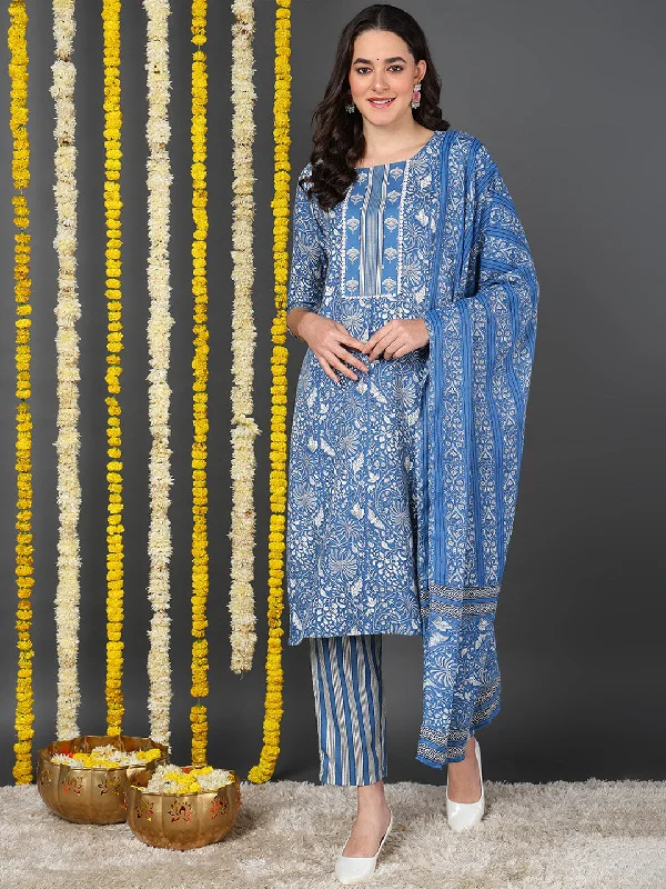 Blue Cotton Blend Floral Printed Straight Kurta Trouser With Dupatta Trousers Formal Black