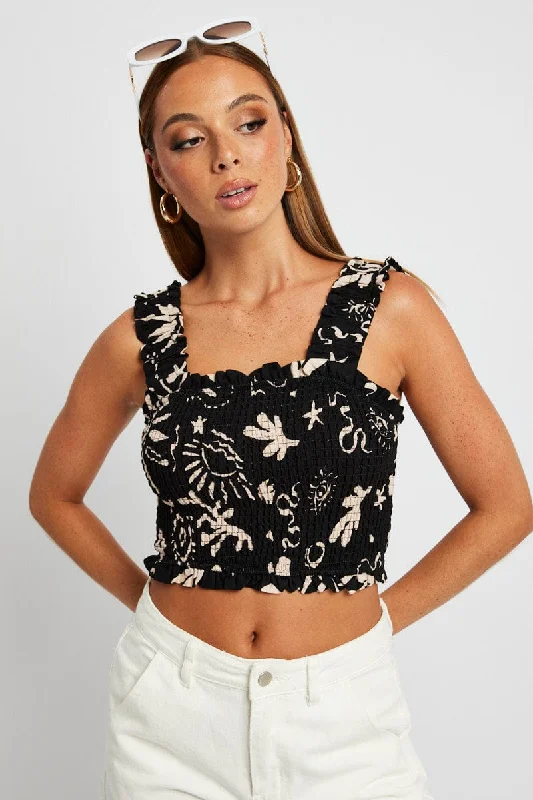 Black Abstract Crop Top Sleeveless Print Jacquard Patchwork