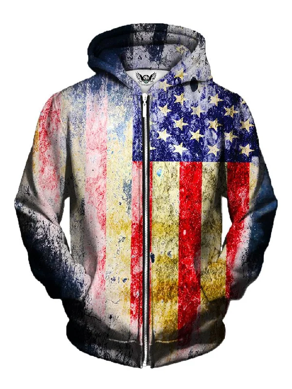 Tattered Flag Rustic 4th of July Zip-Up Hoodie Hoodie with Gradient Ombre Colorful