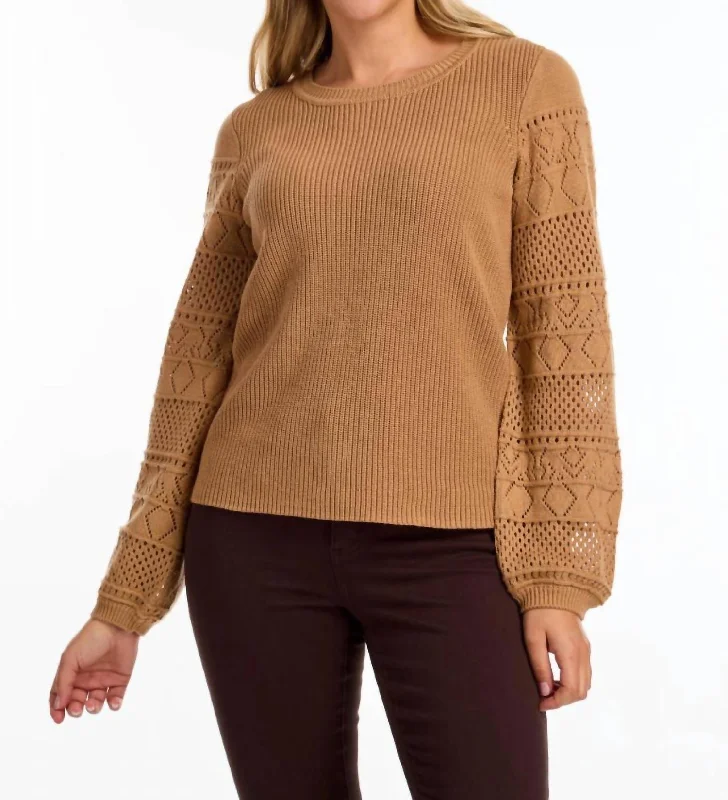 Crochet Sleeve Sweater In Cafe Front Pockets Side Pockets Patch Pockets
