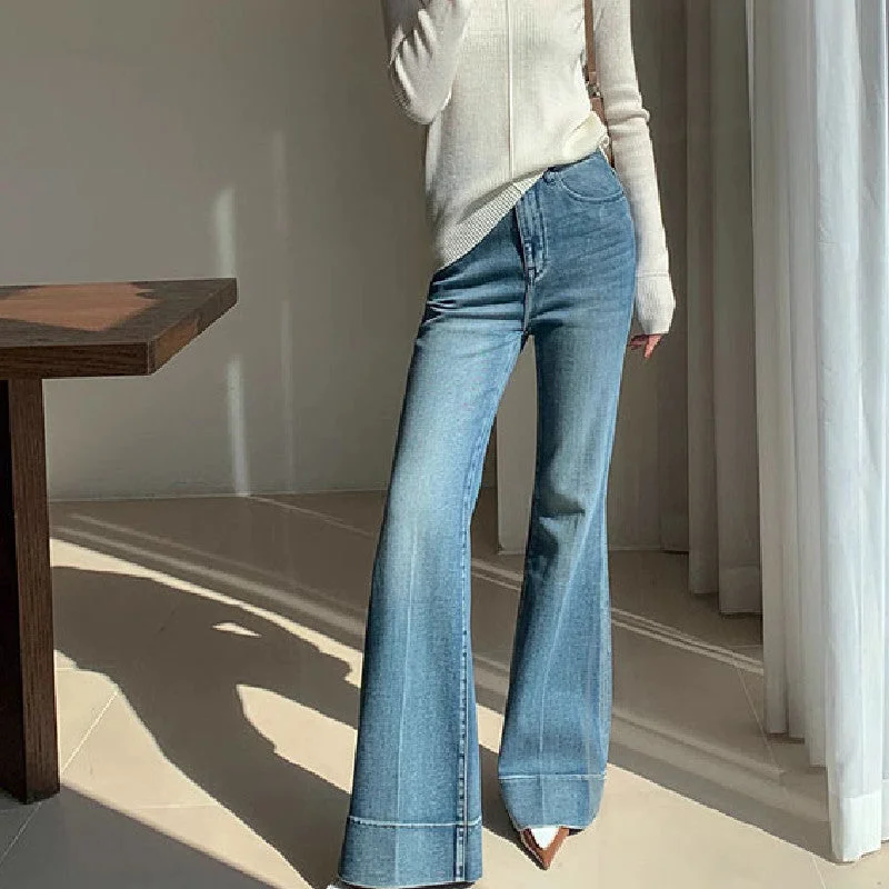 French Retro Style High Waist Bootcut Jeans for Women – Washed Denim Trousers Trousers Summer Linen