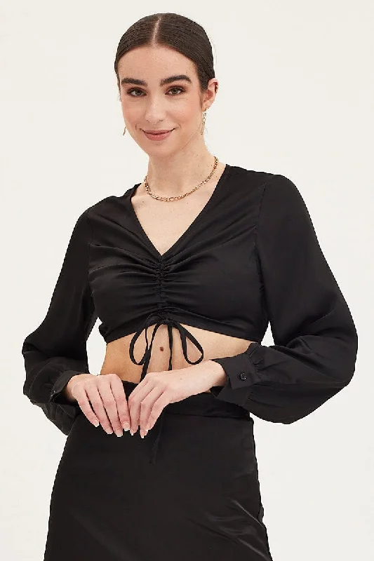 Black Crop Top Long Sleeve Chenille Blend Fleece Blend Nylon Blend