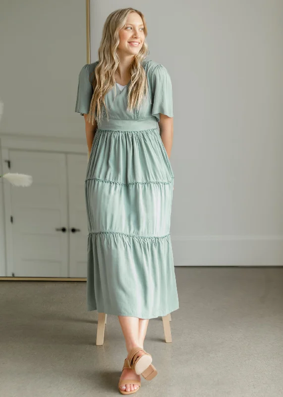 Tiered Ruffle Dress With Lace Detail - FINAL SALE A-Line Day Work