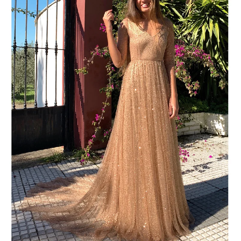 Sparkly Sequin Half Sleeve Open-Back A-Line Prom Dresses, FC2304 Tunics Distressed trendy Sparkly Sequin Half Sleeve Open-Back A-Line Prom Dresses, FC2304 Tunics Distressed trendy