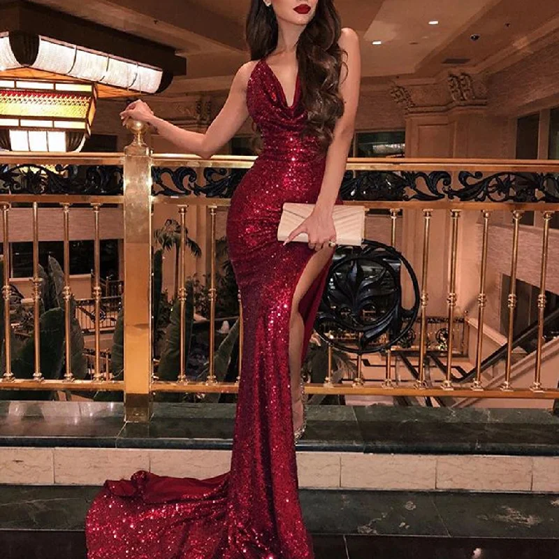 Sequin Mermaid Sexy Slit Cross Back Sparkly Prom Dresses, FC2149 Tunics Lace romantic Sequin Mermaid Sexy Slit Cross Back Sparkly Prom Dresses, FC2149 Tunics Lace romantic