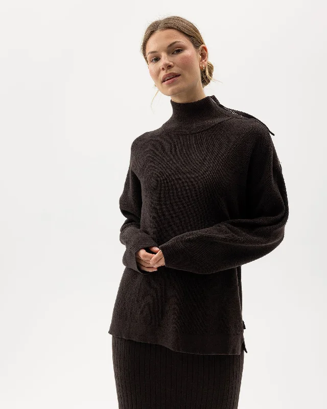 Kristina Zip Sweater- Dark Chocolate Graphic Sweater Embroidered Appliqued