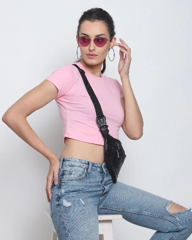 Crop Top: Solid Pink Fleece Fabric Down Fabric Feather Fabric
