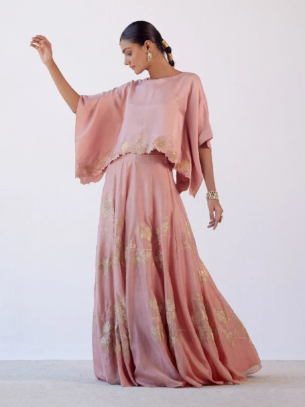 Rose Pink Hand Painted Cape Skirt Set linen skirt breathable