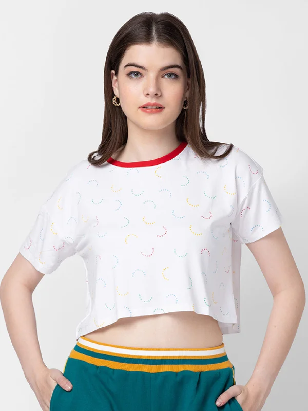 Spykar Women White Cotton Plain Crop Top Solid Color Striped Floral