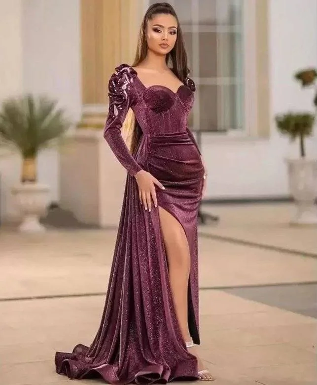 Slit Evening Dresses Mermaid Sweetheart Long Sleeves Velvet Long Turkey Dubai Saudi Arabic Evening Gown Prom Dresses Tunics Versatile stylish