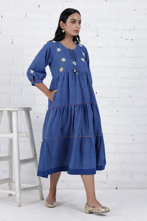 Neera Blue Hand Embroidered & Handwoven Tier Dress Tunics Spring floral