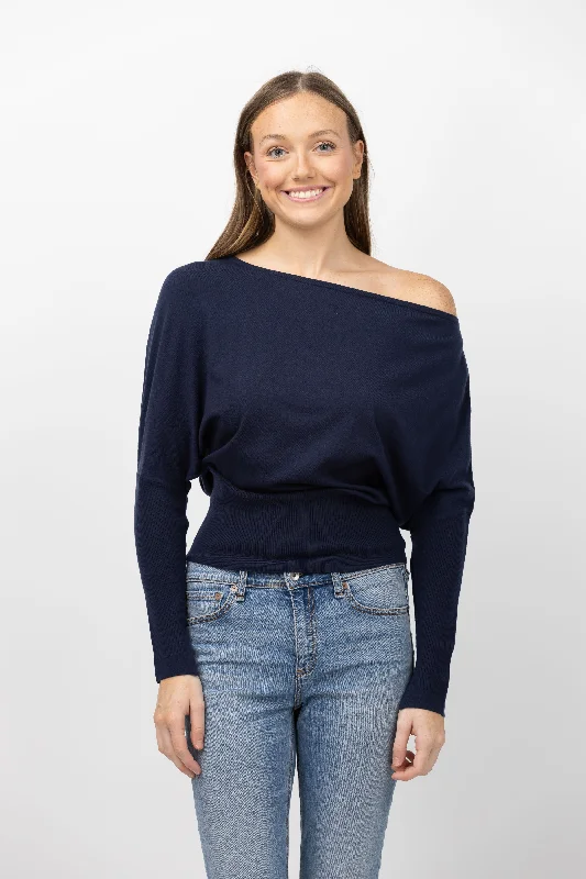 Simkhai Lavina Off-Shoulder Sweater in Midnight Fleece Fabric Down Fabric Feather Fabric